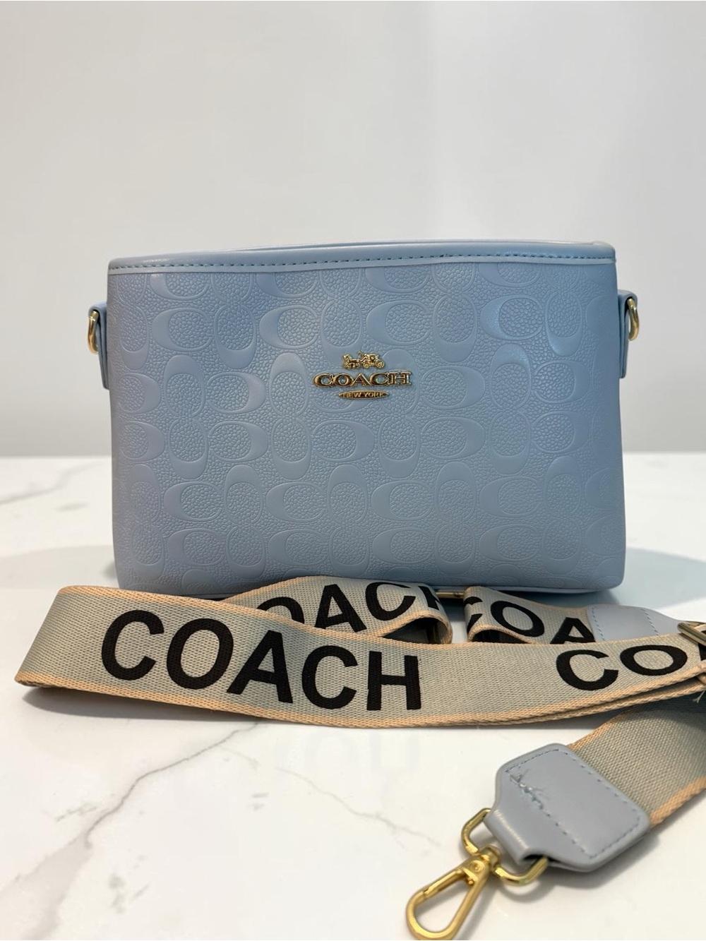 NWOT Designer Inspired Pebbled Signature Crossbody Bag in Light Blue